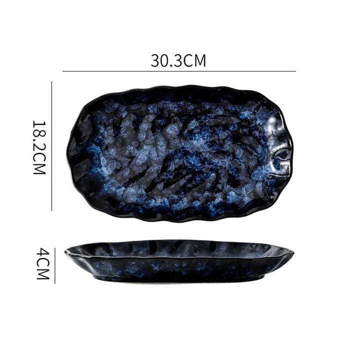 Luxury blue ceramic serving platter, 30.3cm x 18.2cm x 4cm, HAVDYK Japandi dinnerware set, ideal for stylish table settings