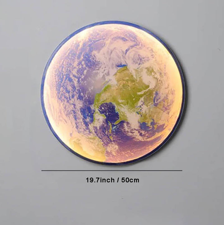 GAIA 3D dimmable LED earth wall lamp by Nordic Essentials, 20inch size, warm glow on grey background