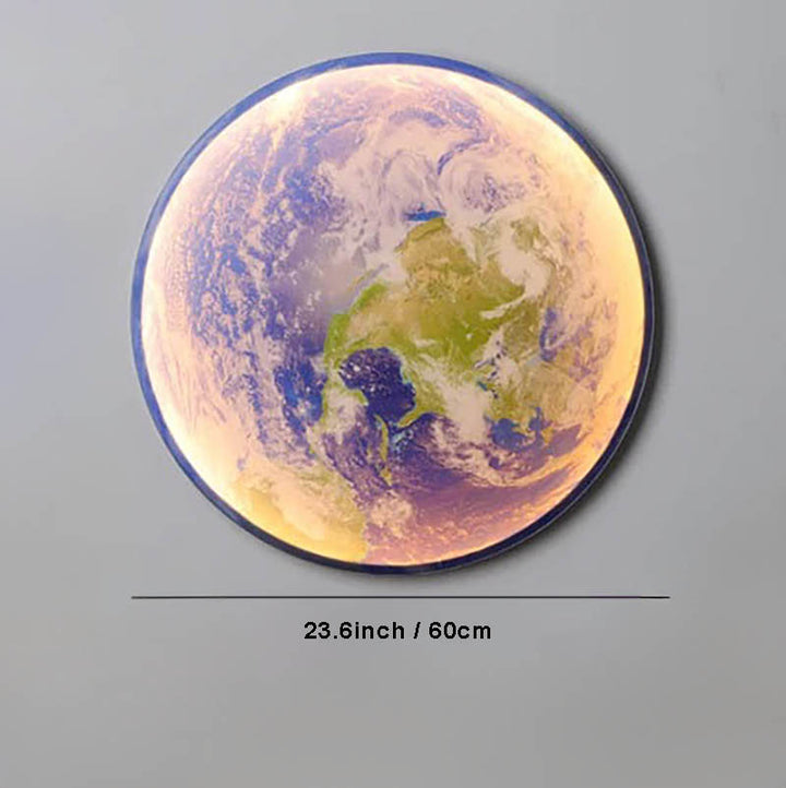 GAIA 3D dimmable LED earth wall lamp by Nordic Essentials, 23.6inch size, warm glow on grey background