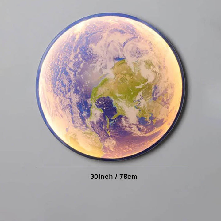 GAIA 3D dimmable LED earth wall lamp by Nordic Essentials, 30inch size, warm glow on grey background