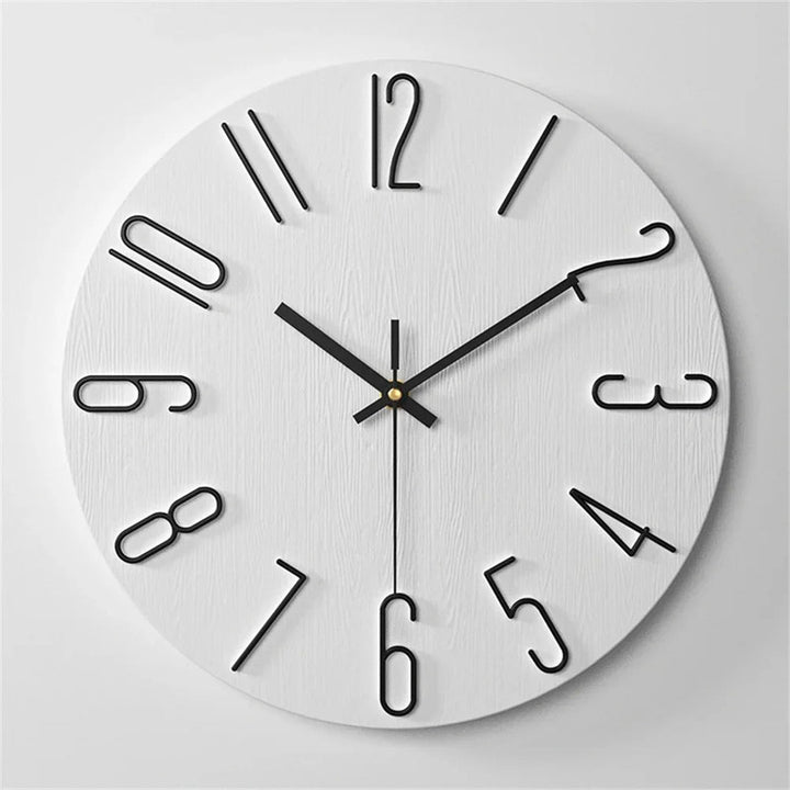 Modern Round wall clock with black numbers and hands on a white background