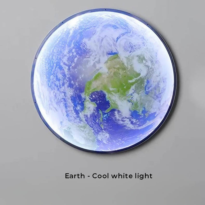 GAIA 3D Earth LED wall light in cool white, round acrylic design, decorative modern lighting for living room or bedroom.