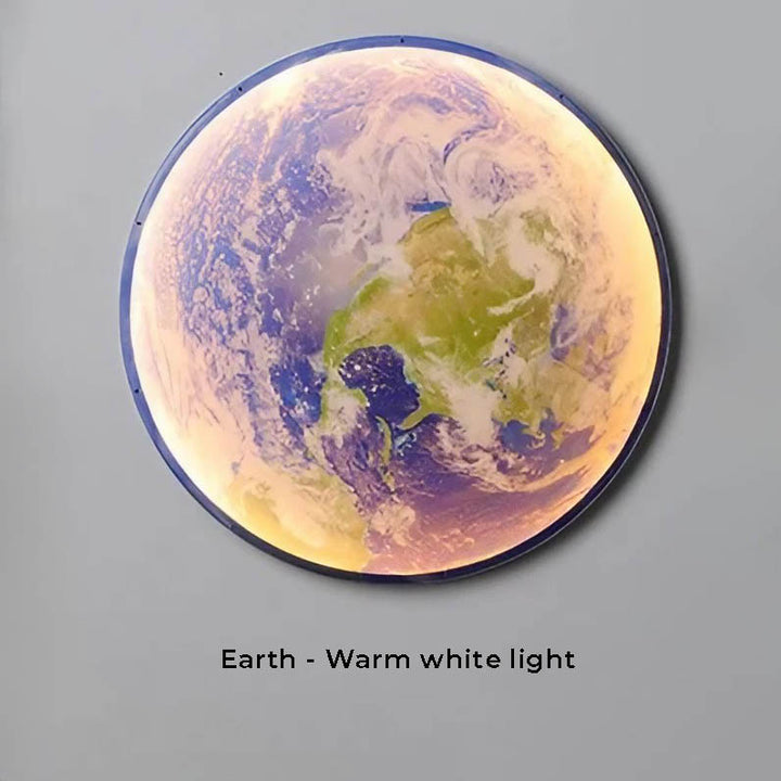 GAIA 3D LED wall lamp showing Earth in warm white light, modern round wall décor for ambient bedroom lighting.