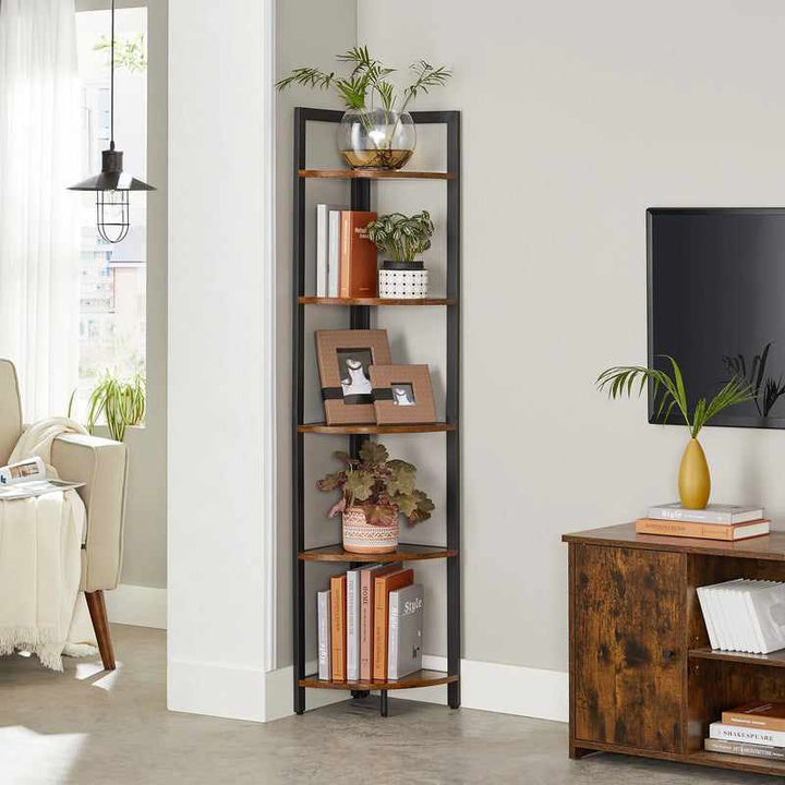 Scandinavian 5-tier corner bookcase with rustic shelves and black frame styled with books, plants, and photo frames