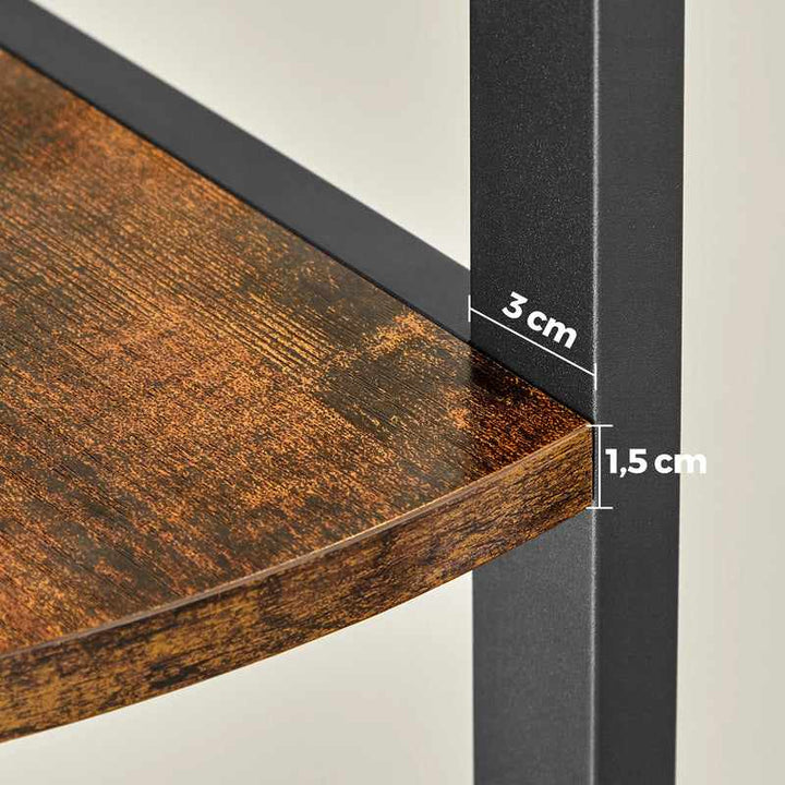 Detail view of rustic wood shelf thickness and black steel frame with measurements in cm