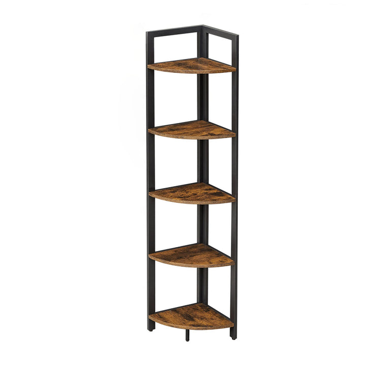 Rustic 5-tier Scandinavian corner bookcase with black steel frame and wooden effect shelves, shown empty against white background