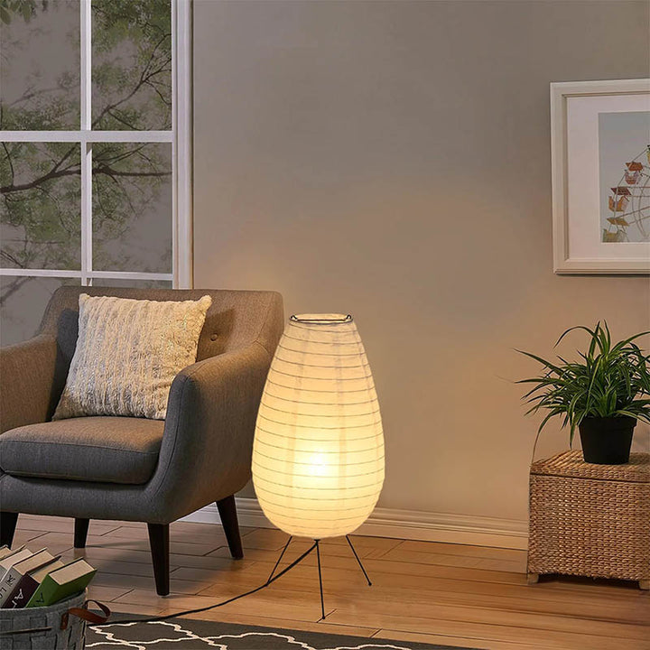 AKARIS floor lamp with white rice paper shade and soft LED glow, styled in a UK Nordic-inspired living room