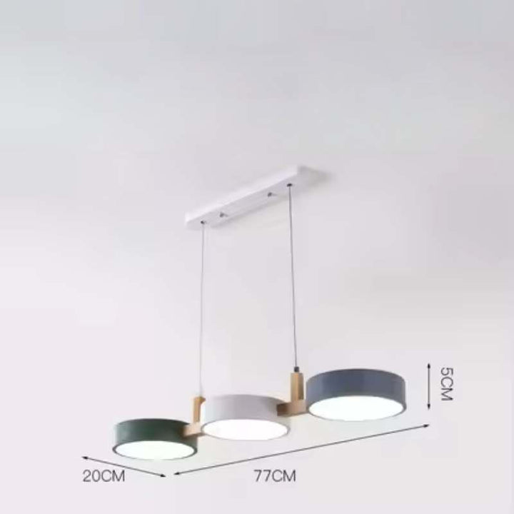 ALVA Nordic modern pendant light with three metal cylinder shades in green, grey, and white, 77cm wide, LED lighting