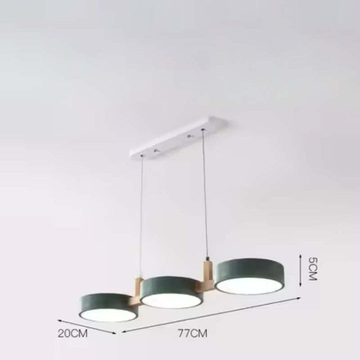 ALVA Nordic pendant light with three green cylinder LED shades, 77cm wide metal fixture, Scandinavian modern ceiling lamp