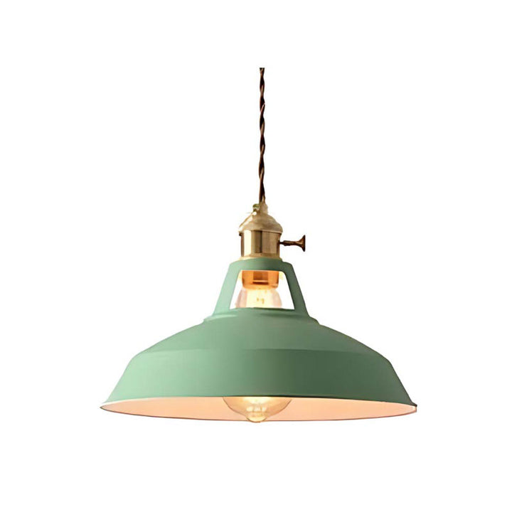 Green pendant light with gold interior on a white background