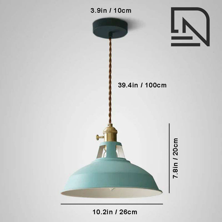 Teal pendant light with measurements on a gray background