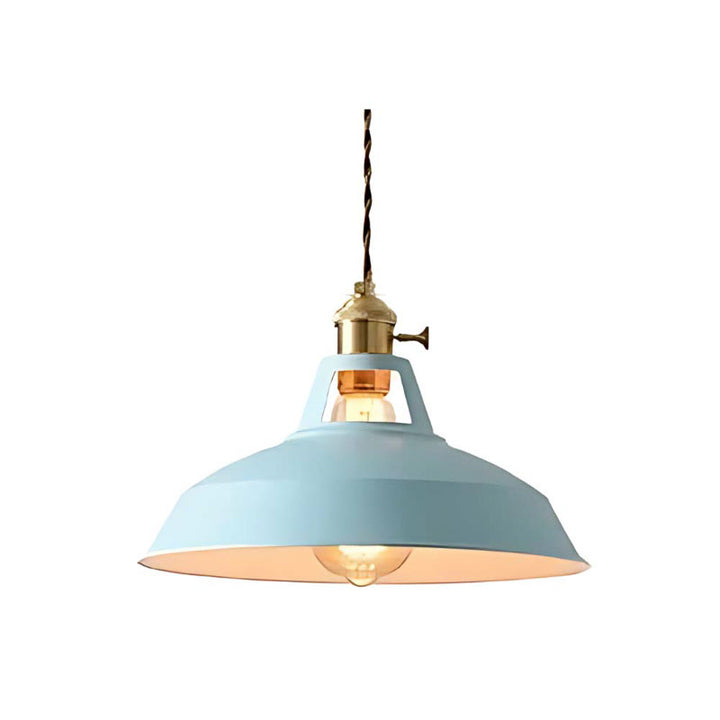 Light blue pendant lamp with brass fitting on a white background