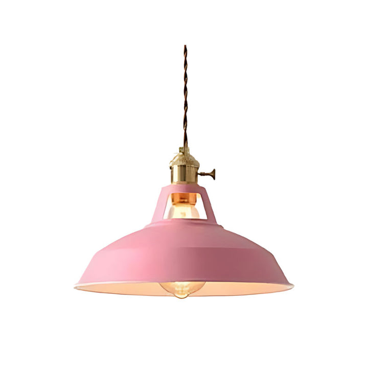 Pink pendant light with gold fixture on a white background