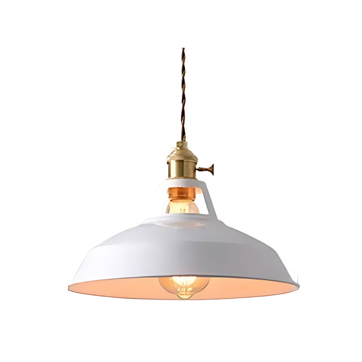 White pendant light with gold fixture on a white background