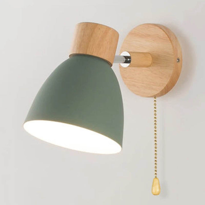 Green Nordic wall lamp with natural wood backplate, minimalist light for living room or study