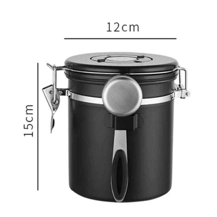 Black stainless steel airtight coffee jar with matte finish, measuring 12 cm × 15 cm.