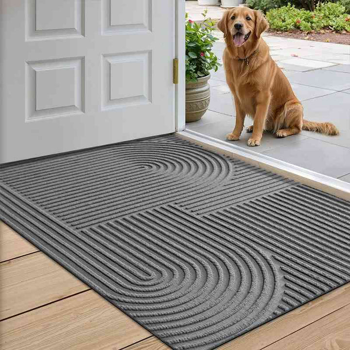 A stylish, water-absorbent polyester doormat for both indoor and outdoor use, with a clean and simple design.