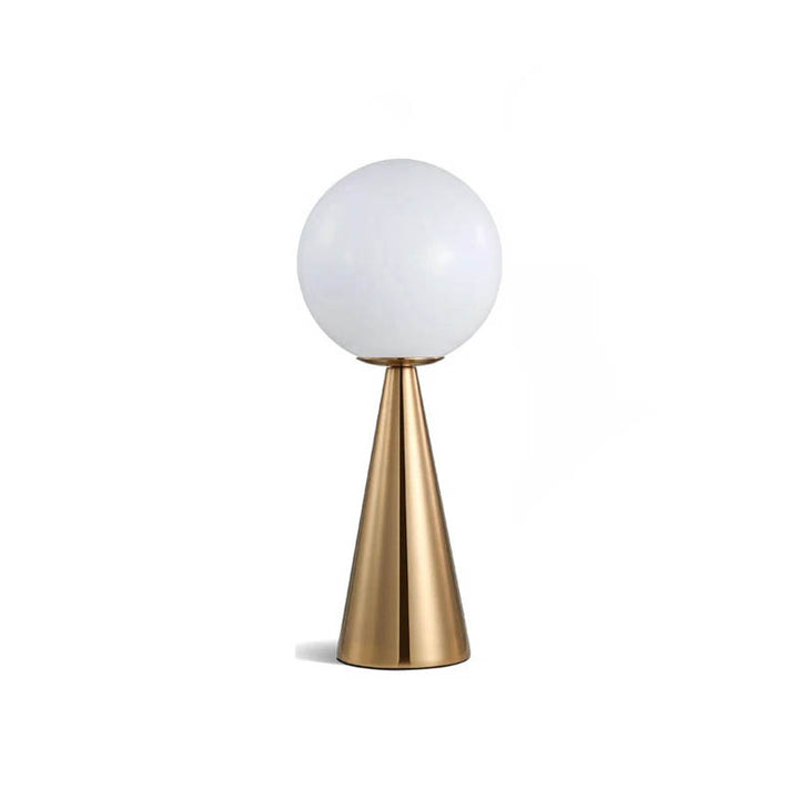 Modern table lamp with frosted glass globe shade and brushed brass cone base, ideal for UK bedside or desk use.