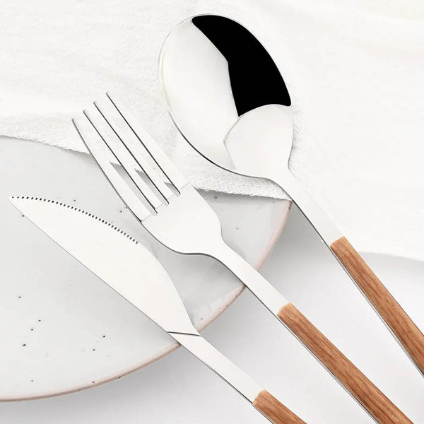 BESTIK woodgrain steel cutlery set with ergonomic handles, durable stainless steel flatware for modern dining, available in multiple pieces.