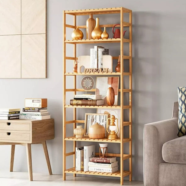 Wooden bookshelf with decorative items in a living room setting