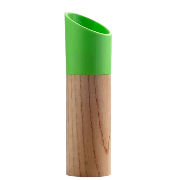 Beech wood kitchen grinder with the green grinding part on a white background
