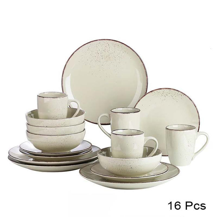16-piece ceramic dinnerware set with beige and brown speckled design on a white background for uk kitchens