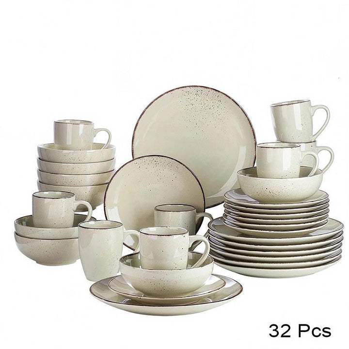 32-piece ceramic dinnerware set with beige and brown speckled design on a white background for uk kitchens
