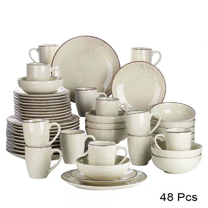 48-piece ceramic dinnerware set with beige and brown speckled design on a white background for uk kitchens