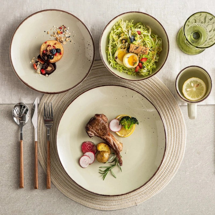 NATUR beige stoneware dinner set with main course and salad plates, Nordic ceramic tableware for everyday use
