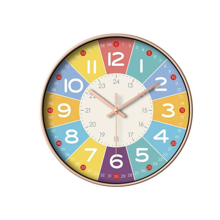 Colorful wall clock with a white face on a white background