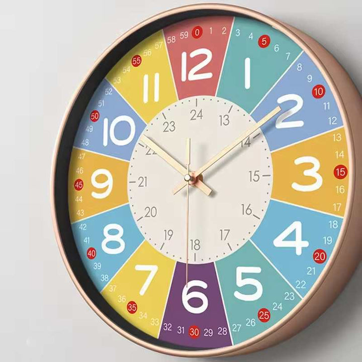 CALM Silent Kids Wall Clock in vibrant colours, Scandinavian décor for nursery and playroom