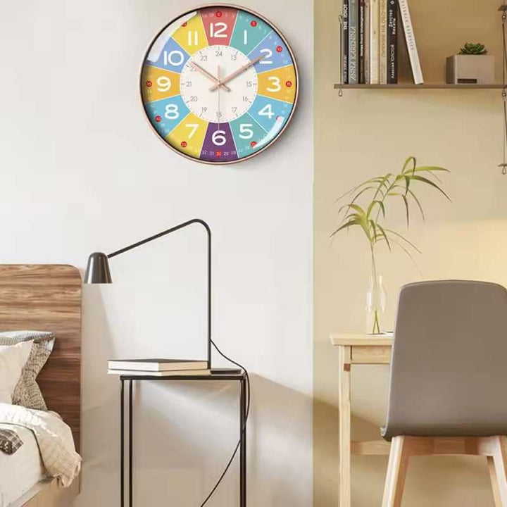 Kids silent wall clock in Scandinavian style, colourful design hung in children’s bedroom
