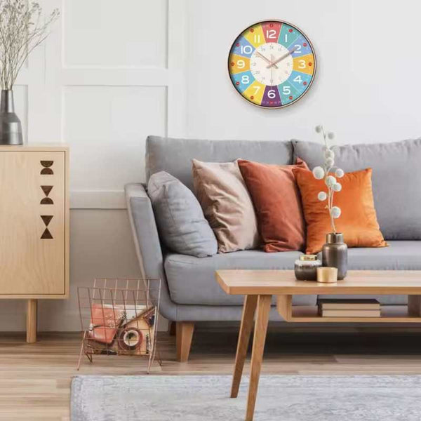 Scandinavian kids wall clock with silent quartz movement, styled in modern family living room