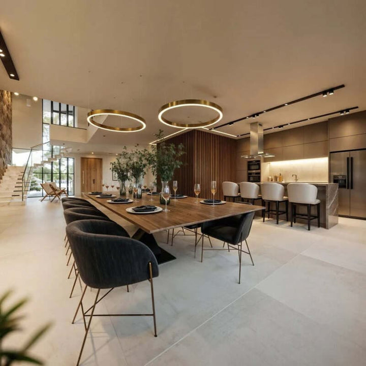 Luxury dining room with double gold ring chandeliers – modern Nordic LED ceiling fixture