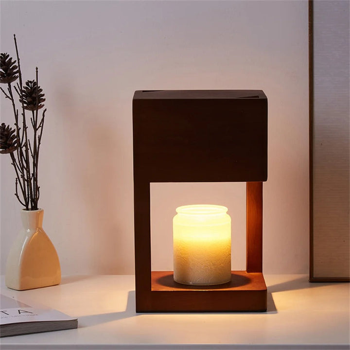 Walnut-tone wooden candle warmer lamp on side table, soft ambient glow for living room