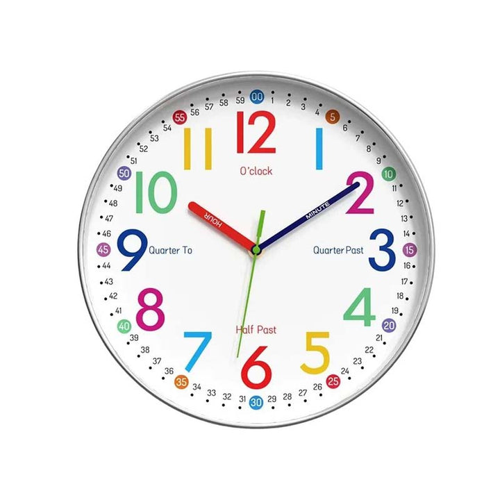 Colorful clock with large, multicolored numbers on a white background