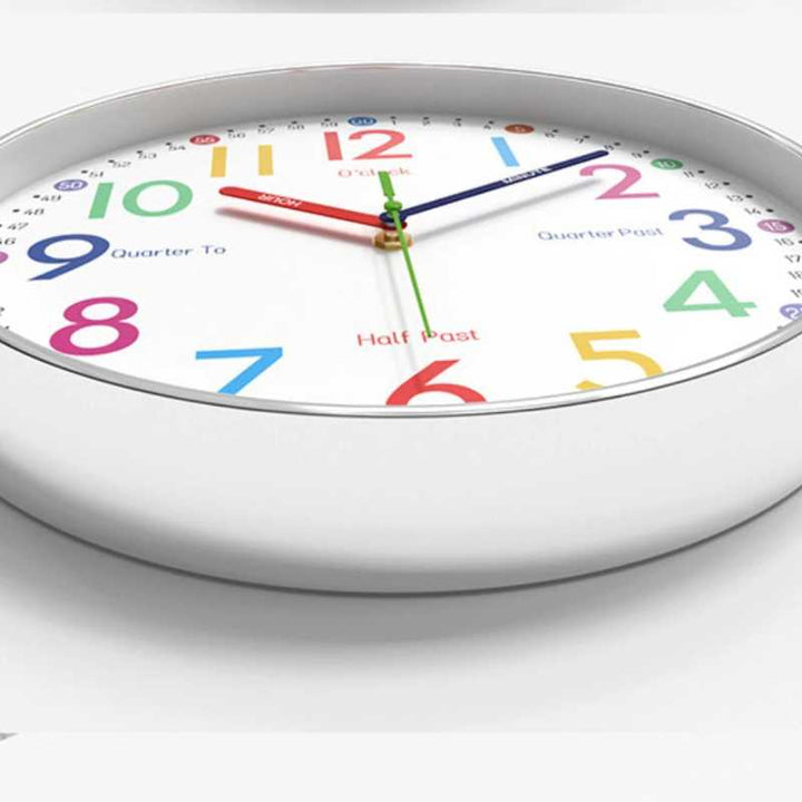 Colorful clock face with numbers and time indicators on a white background