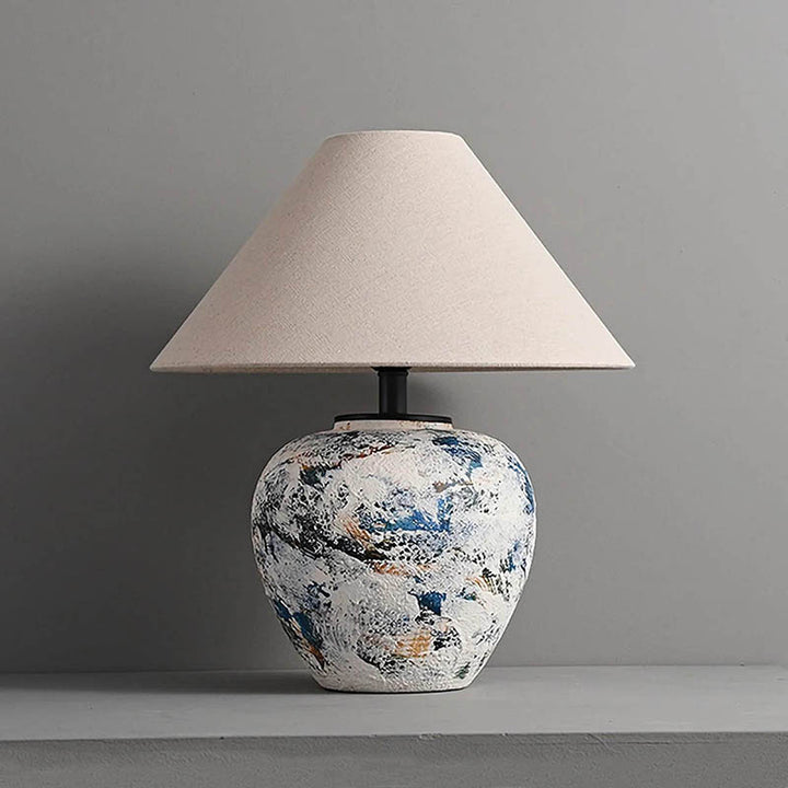 HANDLAVET ceramic handcrafted table lamp with abstract blue/white base, cotton fabric shade