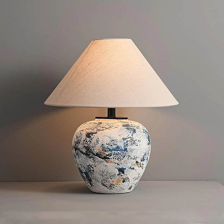 HANDLAVET ceramic handcrafted table lamp with abstract base and cotton fabric shade, home decor