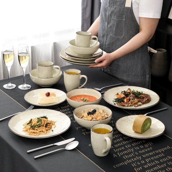 NATUR beige stoneware dinner set with plates, bowls, mugs, Nordic ceramic tableware for full dining table setup