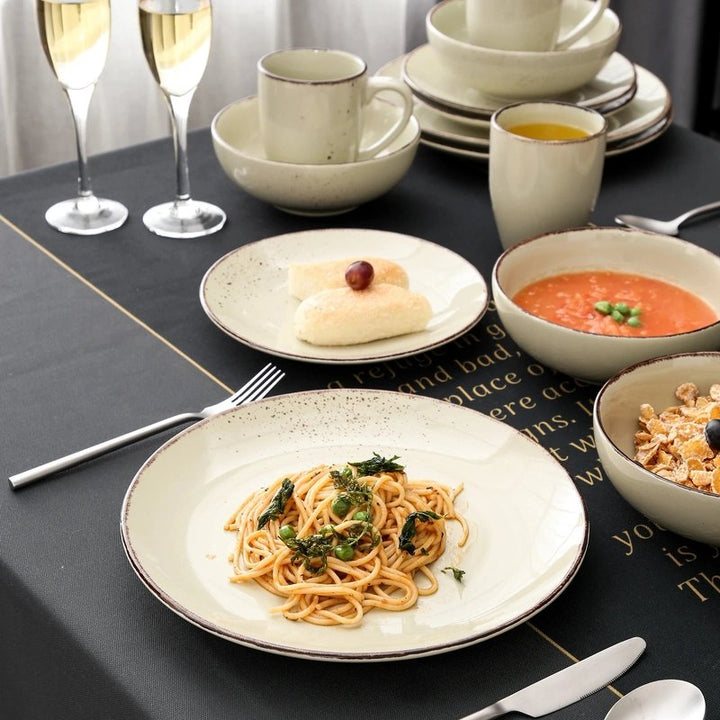 NATUR Nordic ceramic tableware set with pasta, bread and soup served on beige stoneware plates and bowls