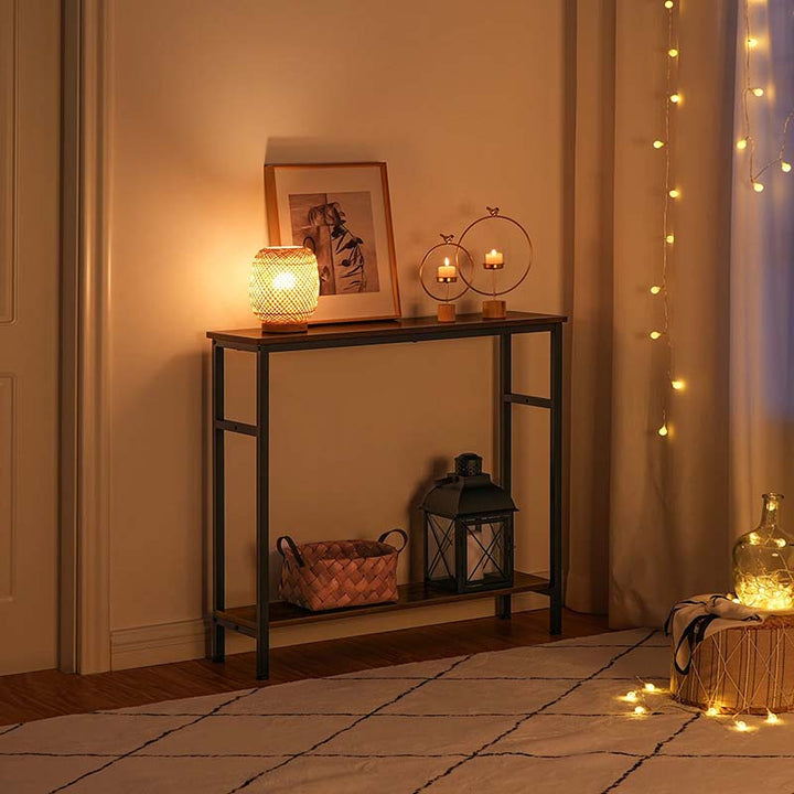 Modern Narrow Console Table with lamp, and string lights in a room.