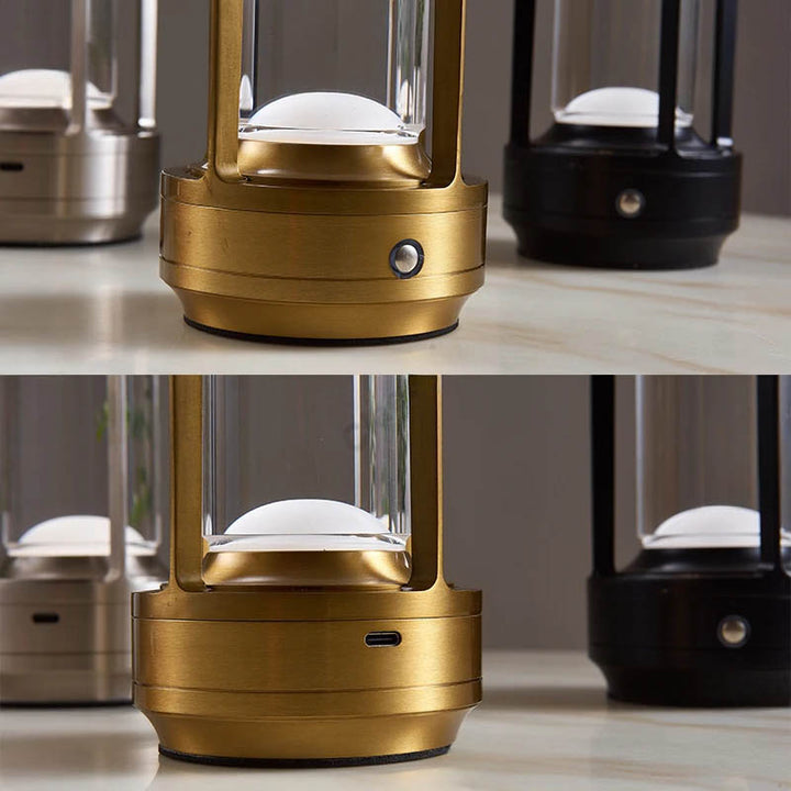 Close-up of black and gold KRYSTAL lamp base, showcasing premium aluminium body and sleek design.