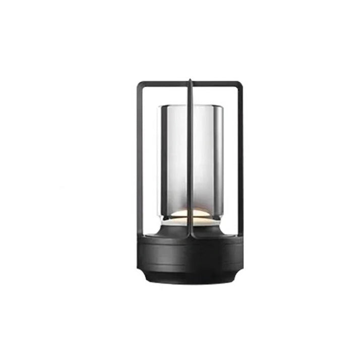 Black LED cordless table lamp with sleek aluminium finish and modern cylindrical glass design.
