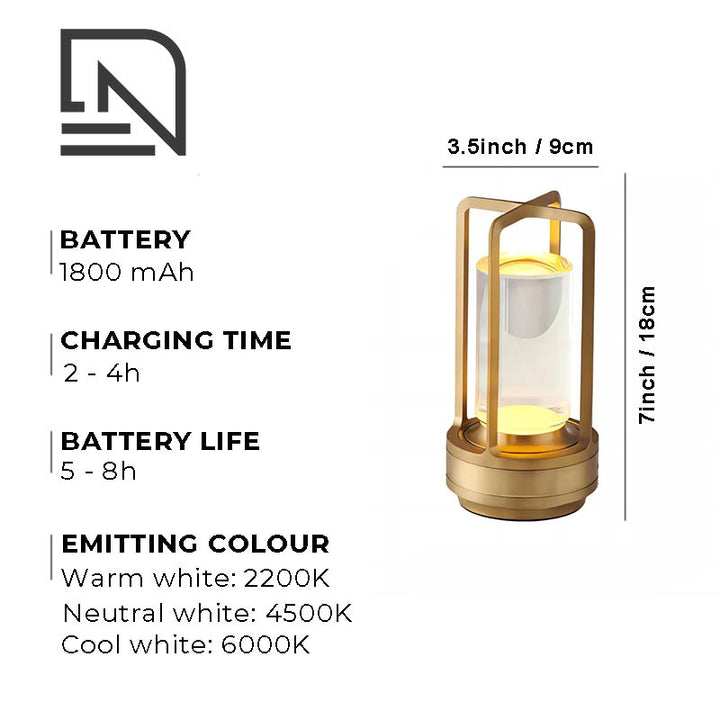 KRYSTAL USB LED lantern tech specs showing battery life, charging time, and colour temperature options. 