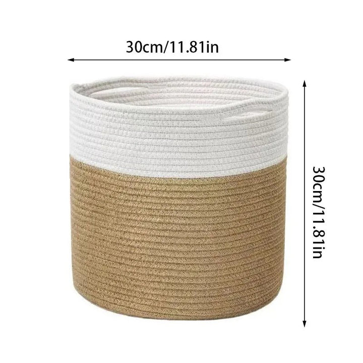 Large White and beige cotton rope storage basket with handles, ideal for indoor plants or home organisation.