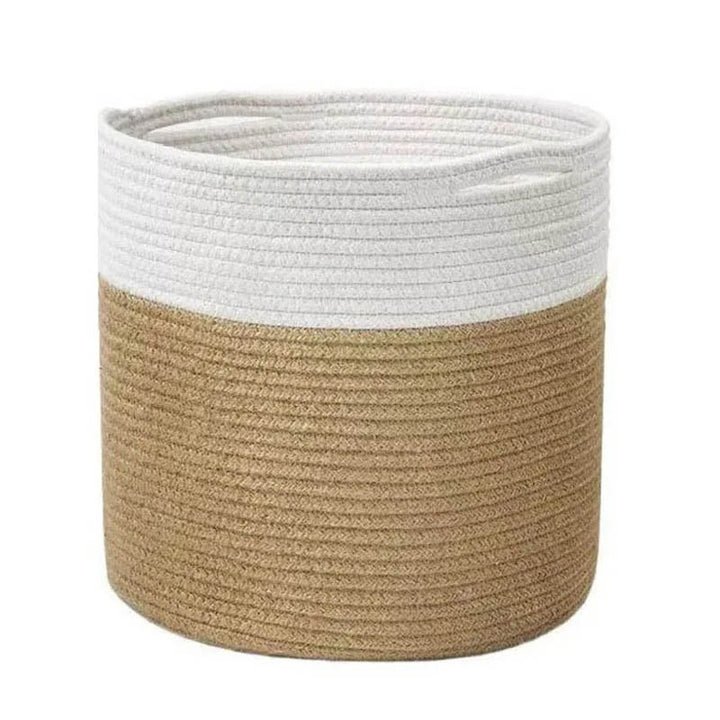 White and beige cotton rope storage basket with handles, ideal for indoor plants or home organisation.