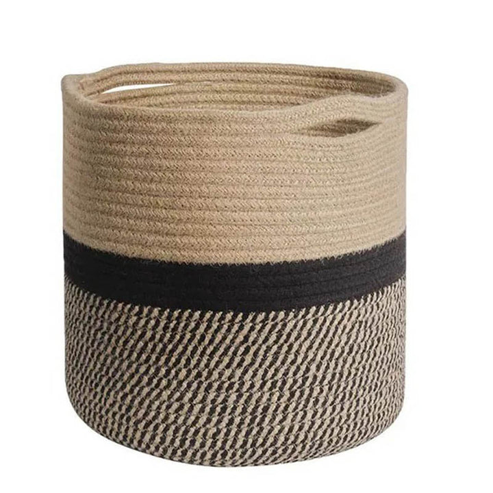 Black and natural jute rope plant basket with contrasting weave and top handles, perfect for Nordic interiors.