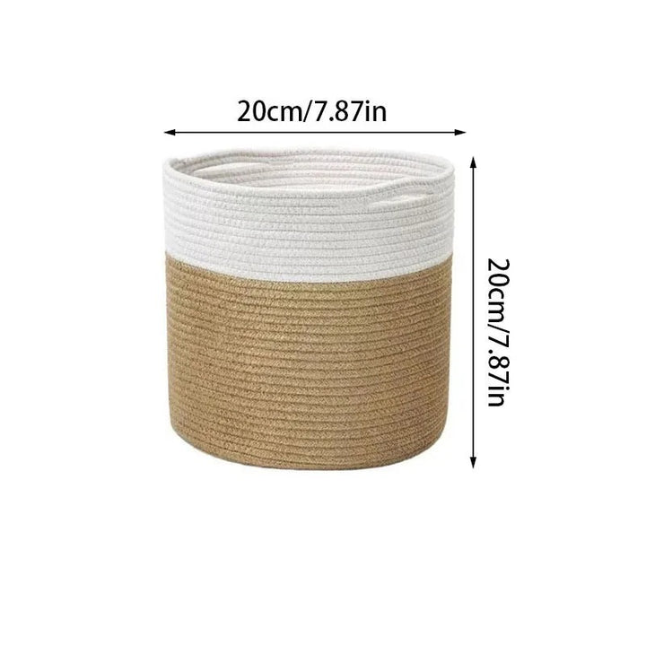 Small White and beige cotton rope storage basket with handles, ideal for indoor plants or home organisation.