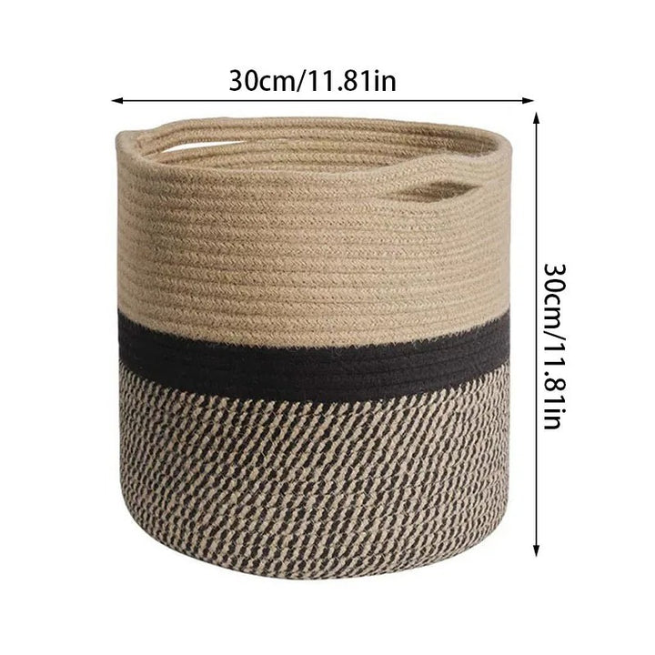 Large Black and natural jute rope plant basket with contrasting weave and top handles, perfect for UK interiors.